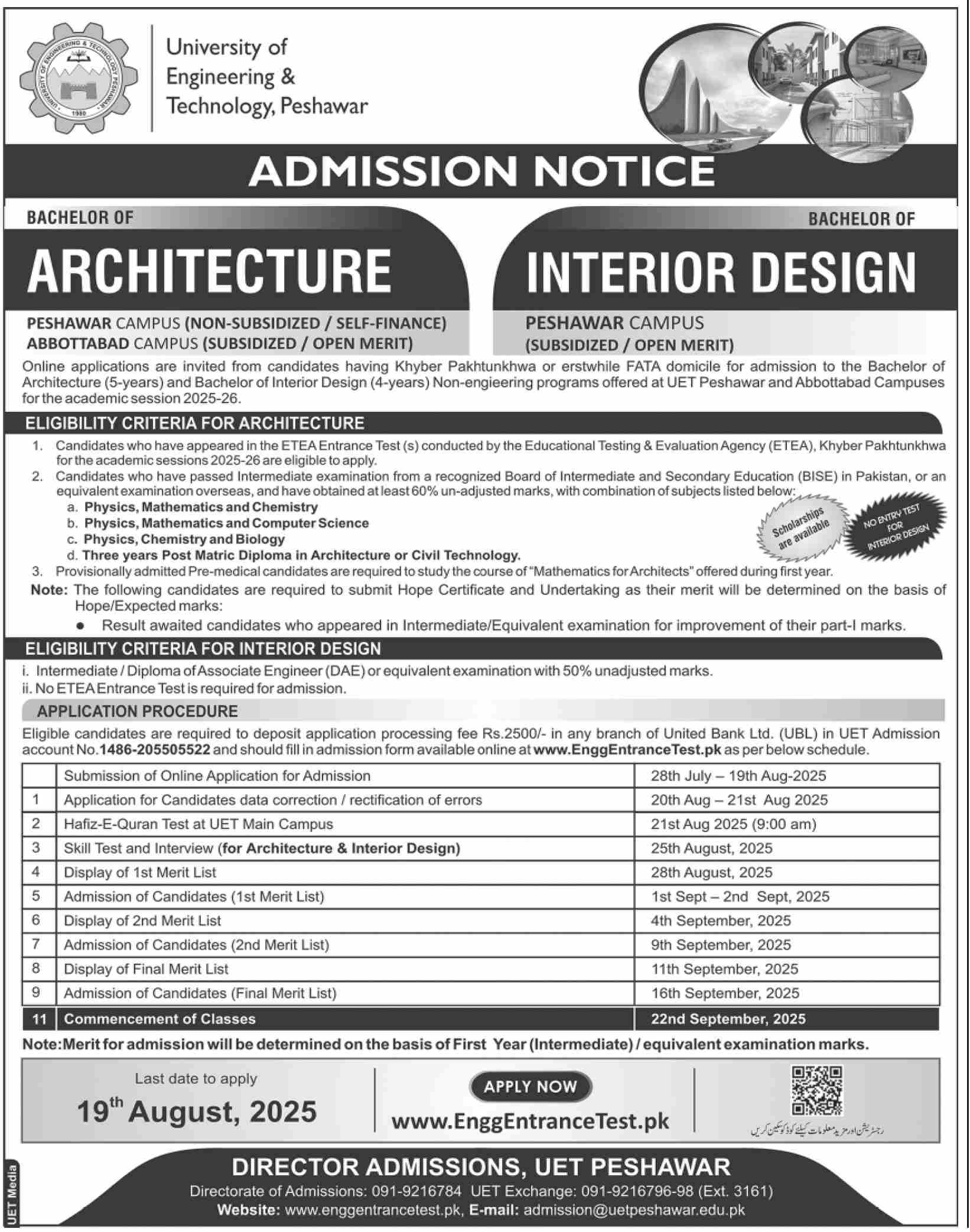 Admission Open in University of Engineering & Technology Peshawar